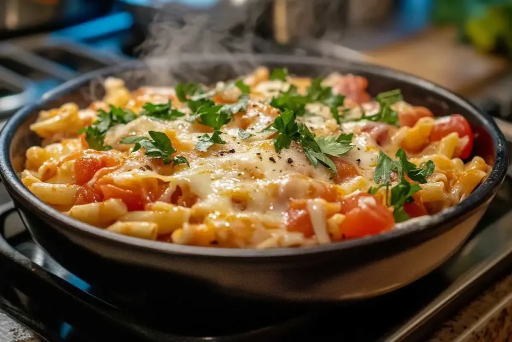 A pot of freshly cooked Rotel pasta with a wooden spoon.