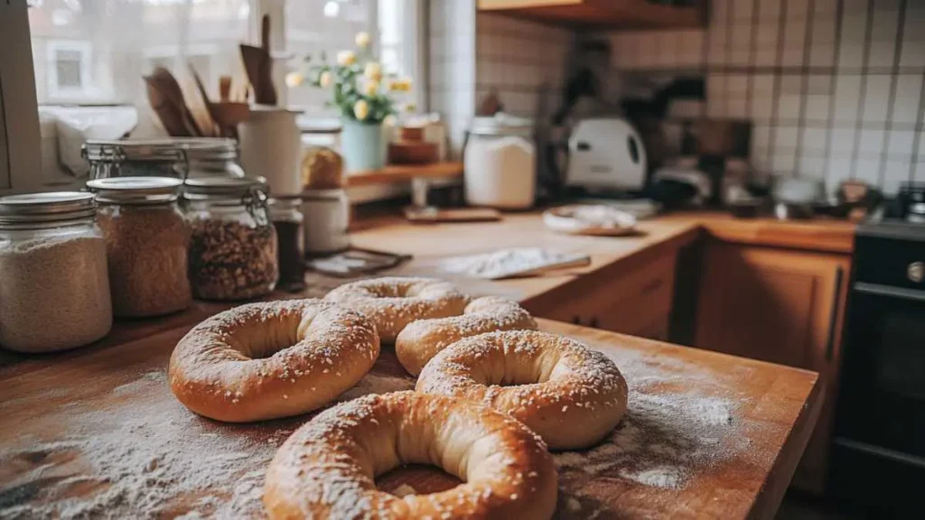 Perfectly baked sourdough bagels displayed in a cozy bakery setting