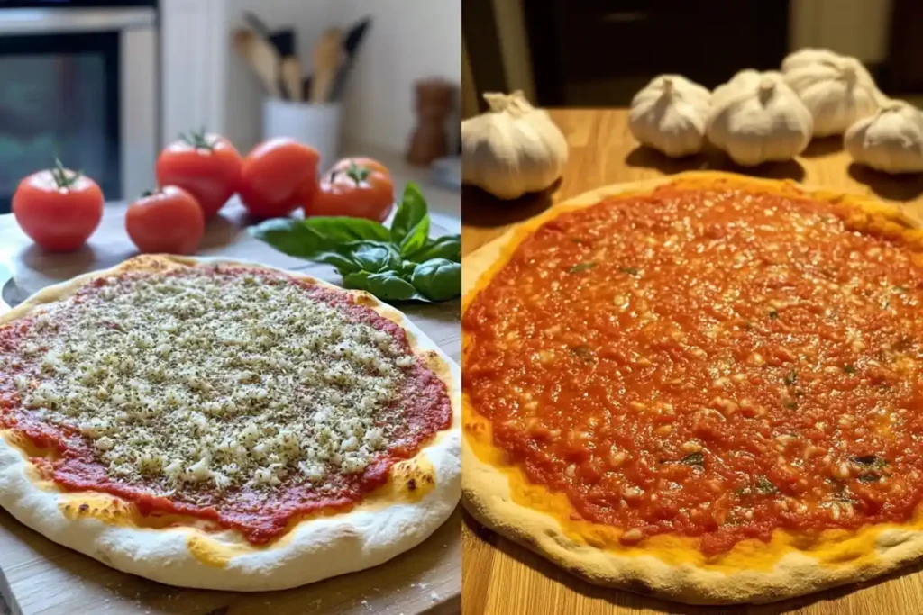 Side-by-side comparison of raw and cooked tomato sauce pizzas