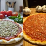 Side-by-side comparison of raw and cooked tomato sauce pizzas