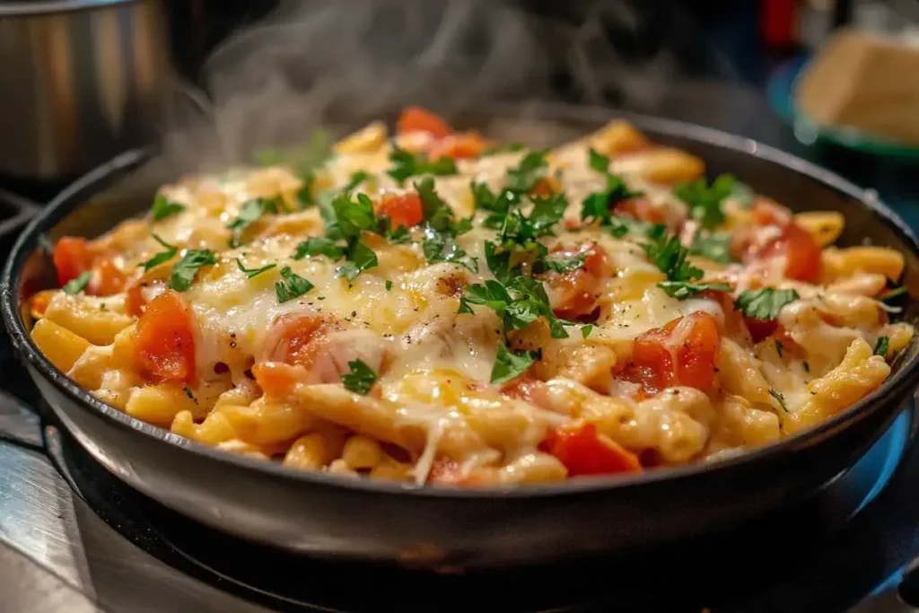 A serving of Rotel pasta on a white plate with a side of garlic bread.