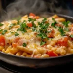 A serving of Rotel pasta on a white plate with a side of garlic bread.