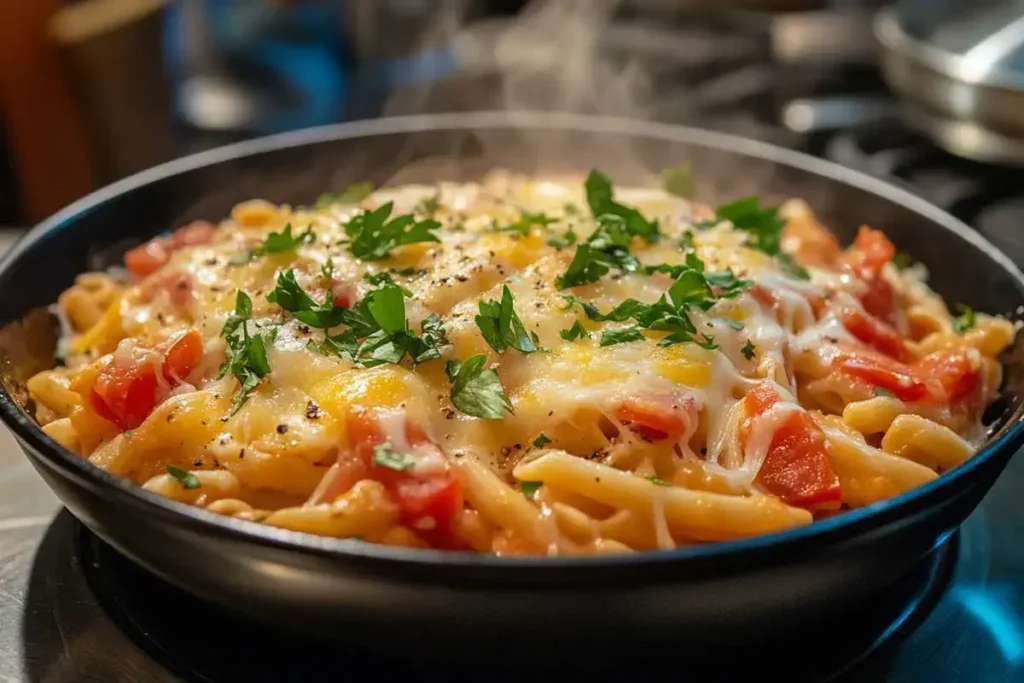 A bowl of creamy Rotel pasta topped with melted cheese and parsley.