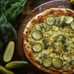 Pickle pie pizza served on a round wooden pizza board with fresh dill on the side.