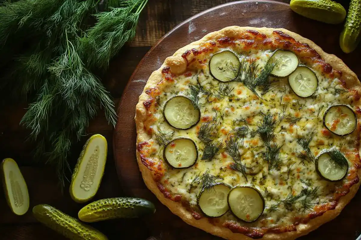 Pickle pie pizza served on a round wooden pizza board with fresh dill on the side.