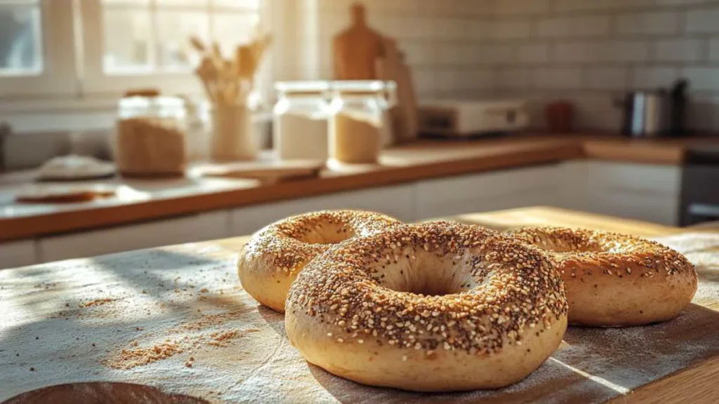 Rustic sourdough bagels glowing in warm morning light on a wooden table.