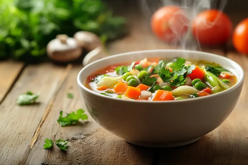  A person holding a bowl of Vietnamese vegetarian soup with chopsticks in hand.