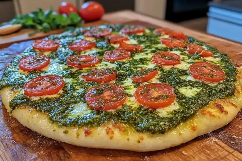 Slice of chimichurri tomato pizza being lifted from the tray
Title: Sliced Chimichurri Tomato Pizza