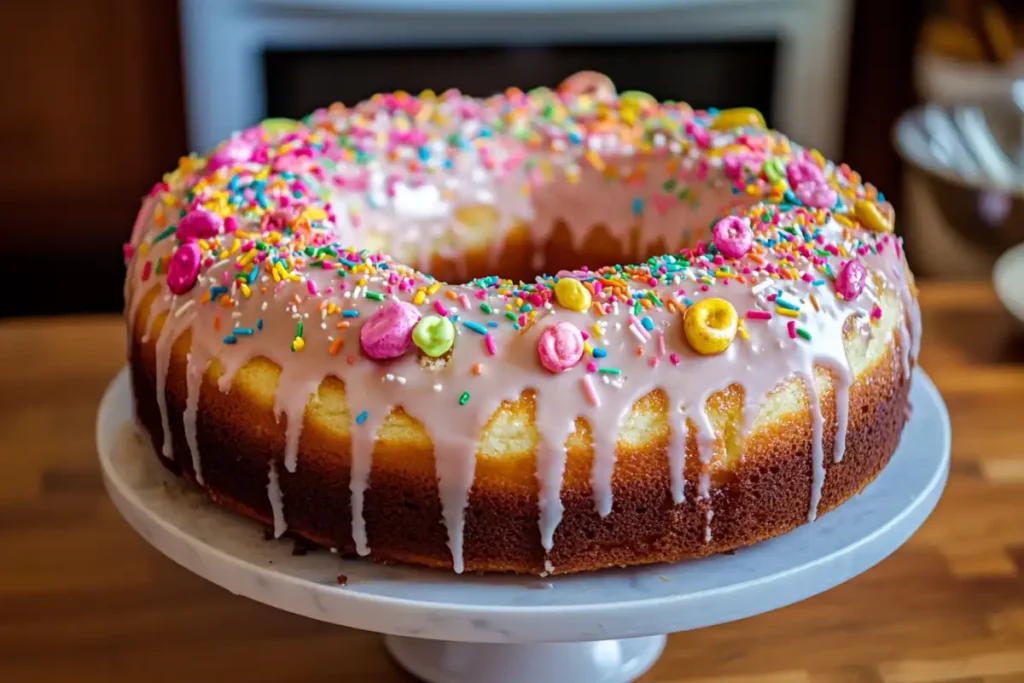 A small donut cake with six donuts stacked on a plate