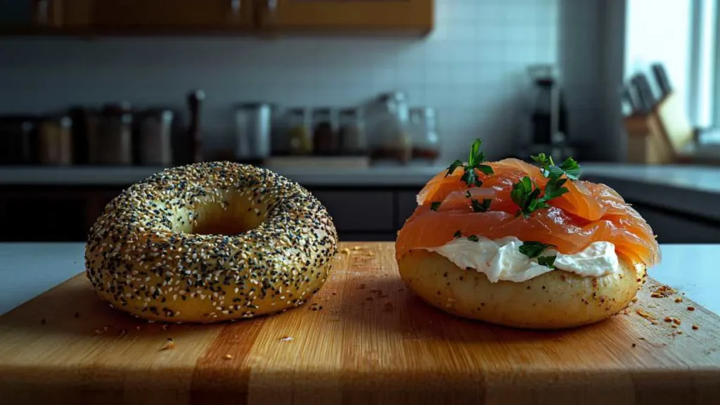 A plate of sourdough and plain bagels topped with sesame seeds, poppy seeds, and cream cheese, perfect for breakfast or brunch