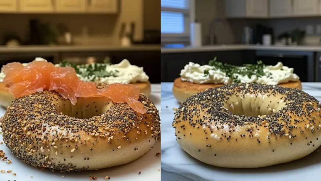 Close-up of sourdough bagel dough during fermentation compared to plain bagel dough, highlighting texture and rise.