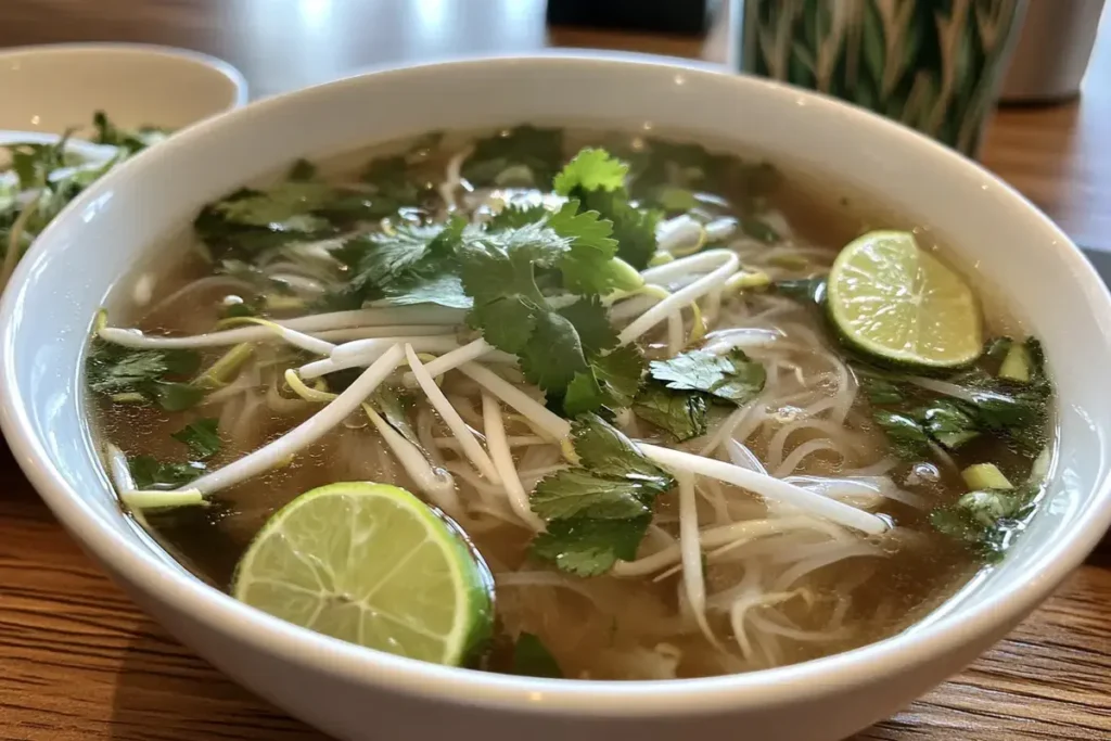 Pho soup garnished with chili slices and basil