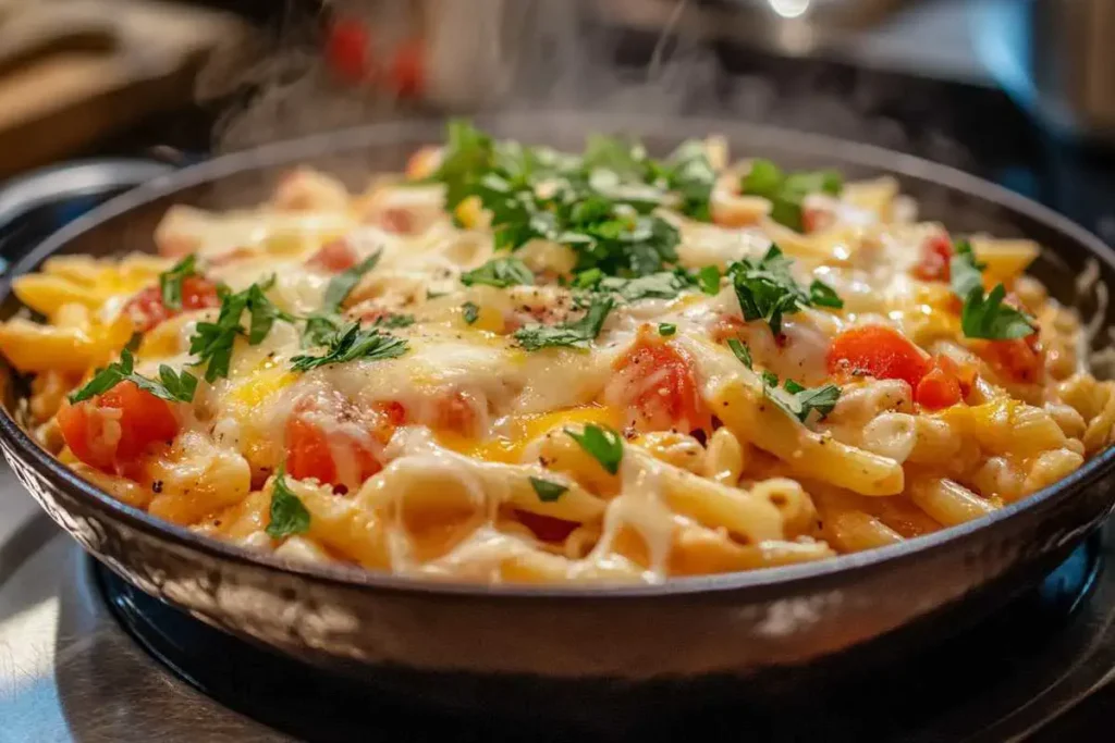 A plate of Rotel pasta with diced tomatoes and melted cheese.