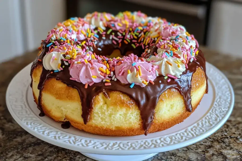 A stacked donut cake with sprinkles and frosting.