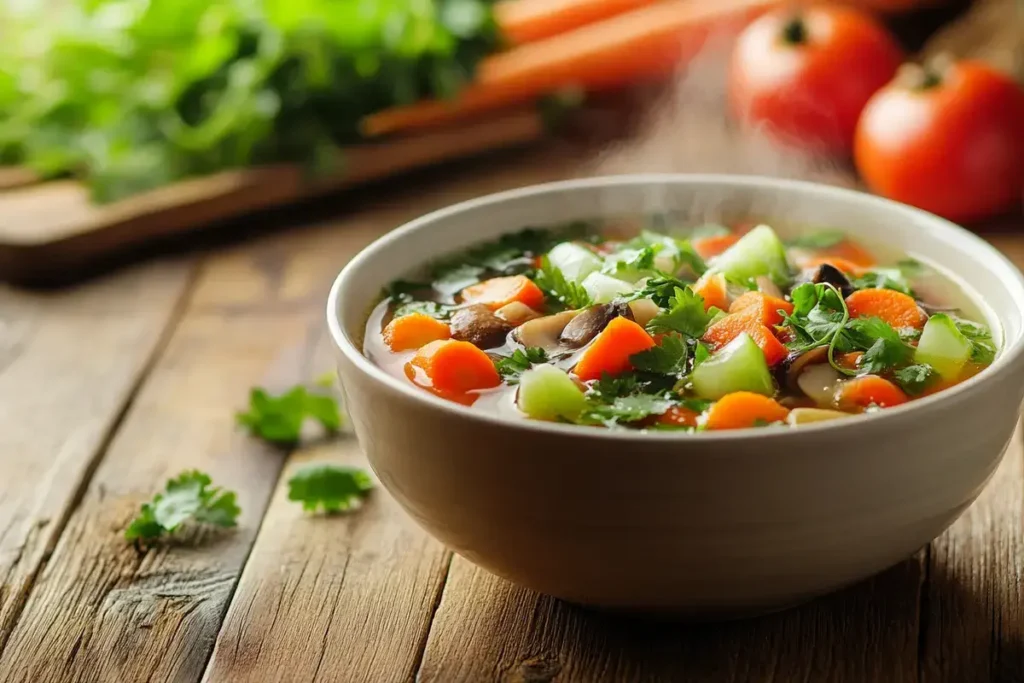  A bowl of steaming Vietnamese vegetarian soup with visible bok choy and mushrooms.