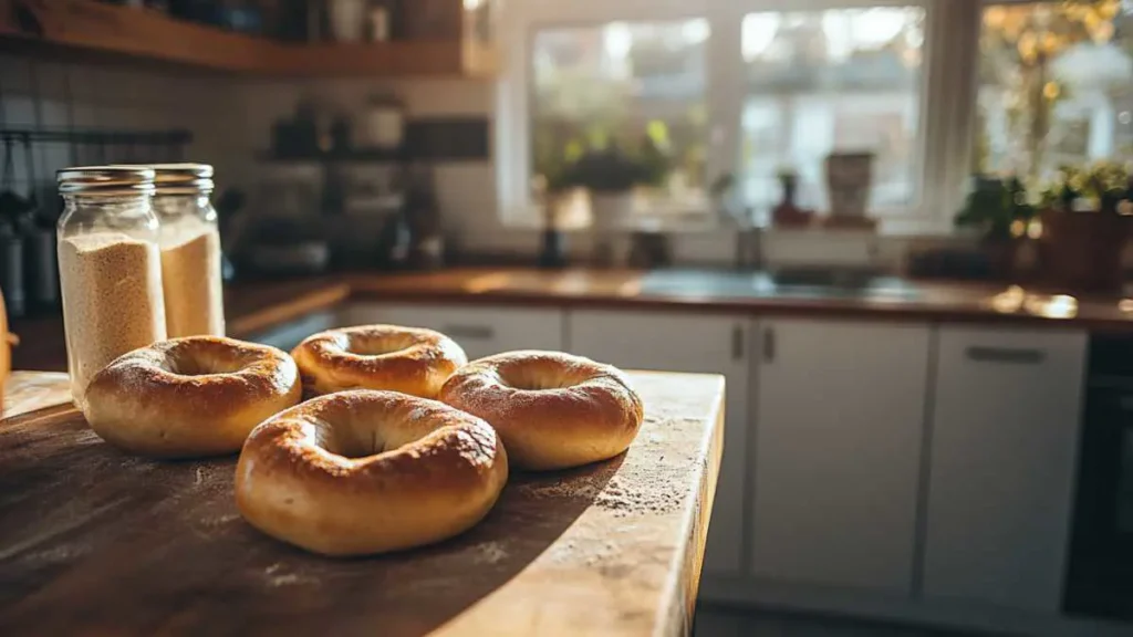 Step-by-step process of making sourdough bagels, from dough preparation to baking.