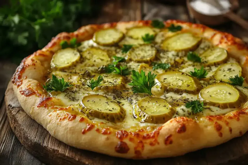 Hands holding a slice of pickle pizza with cheese stretching.