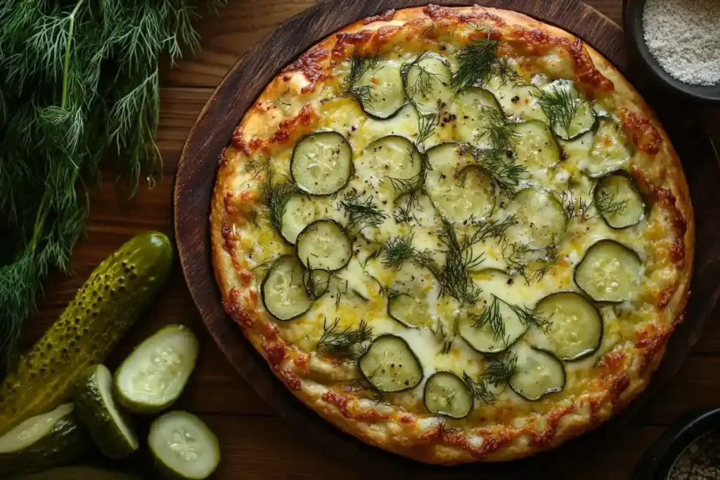 Close-up of a slice of pickle pie pizza on a plate with pickles and dill.