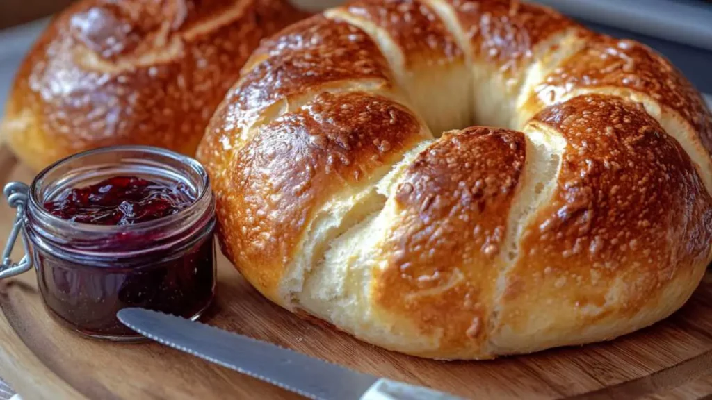 Step-by-step process of making sourdough bagels, from mixing dough to baking golden bagels