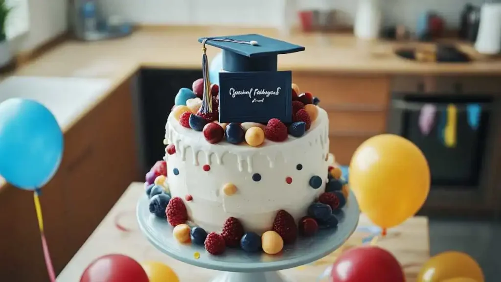 A three-tiered graduation cake with colorful decorations