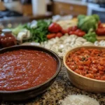 A comparison of tomato paste and tomato sauce for pizza, featuring vibrant red tomato paste in a bowl next to a jar of tomato sauce, ideal for pizza recipes.