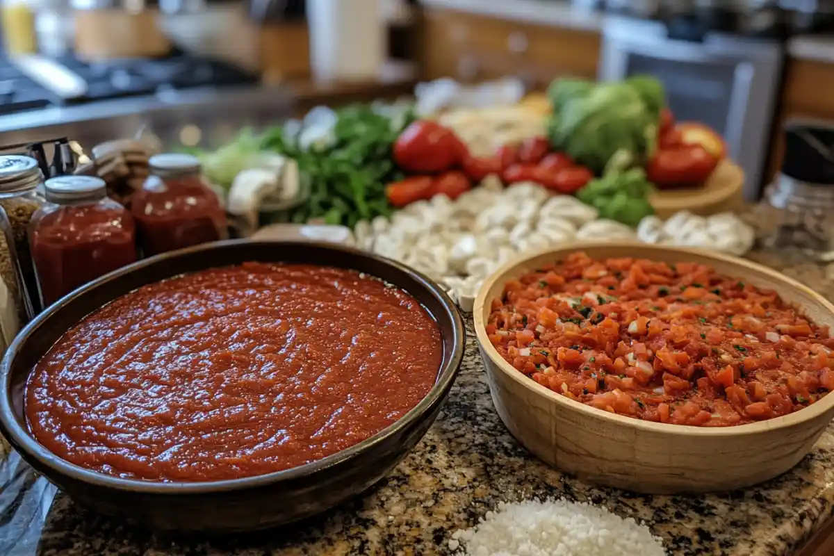 A comparison of tomato paste and tomato sauce for pizza, featuring vibrant red tomato paste in a bowl next to a jar of tomato sauce, ideal for pizza recipes.