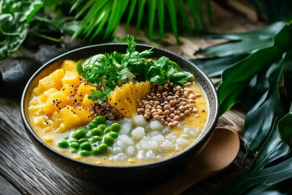 A bowl of vegan Vietnamese sweet soup with tapioca pearls and coconut milk.