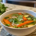 A bowl of vegetarian Pho with tofu and vegetables