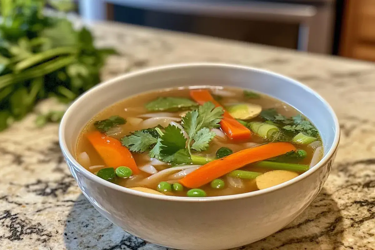 A bowl of vegetarian Pho with tofu and vegetables