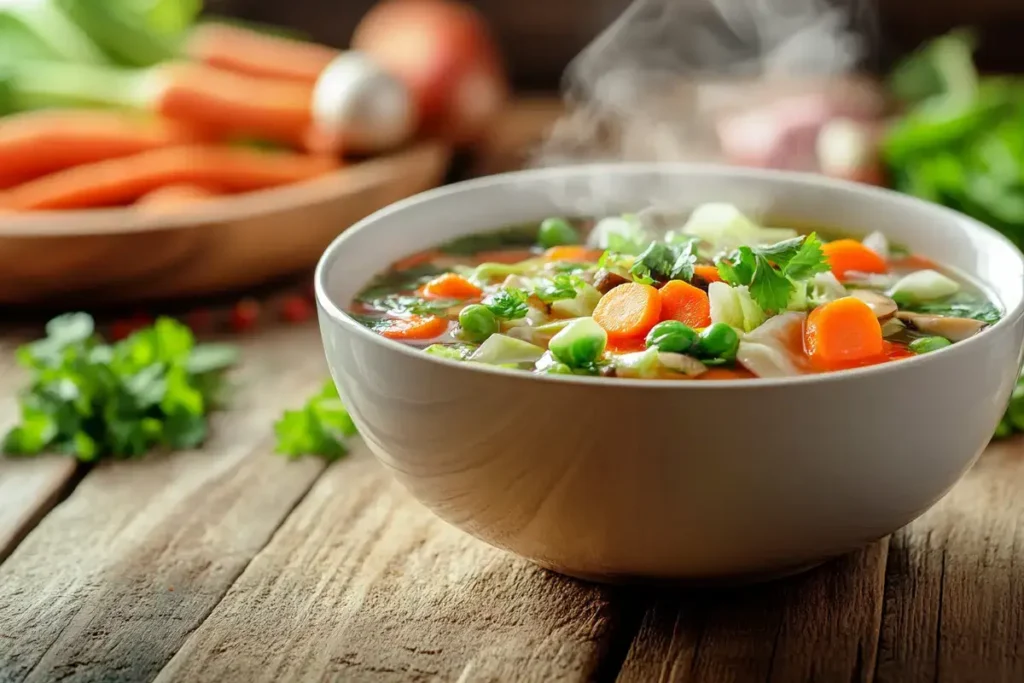 A table setting with Vietnamese vegetarian soup, chopsticks, and a side of lime and chili.