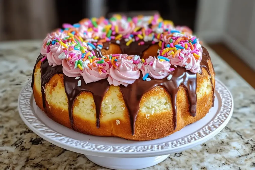 A whimsical donut cake decorated with candy and colorful icing