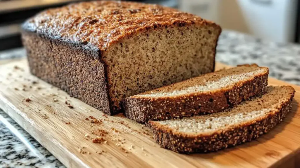 A close-up of a sliced whole-grain bread loaf on a wooden board