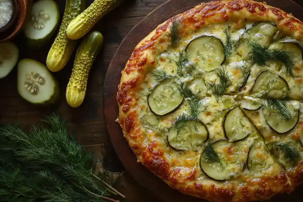 Overhead shot of a whole pickle pie pizza on a rustic wooden table.