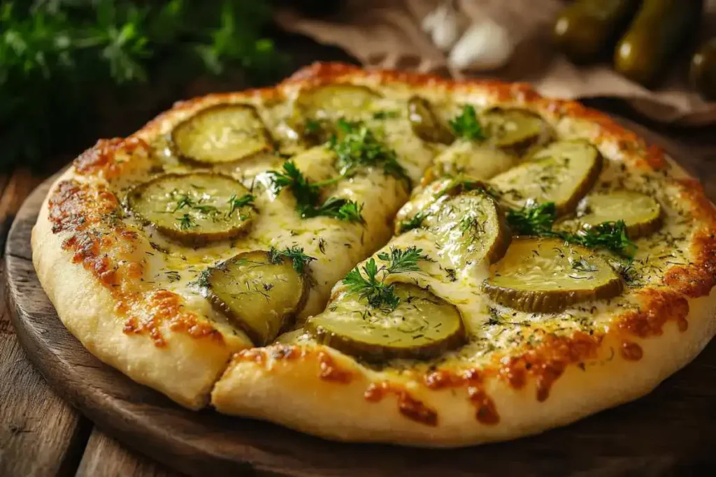 A whole pickle pizza on a wooden table with a pizza cutter beside it.