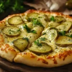 A whole pickle pizza on a wooden table with a pizza cutter beside it.