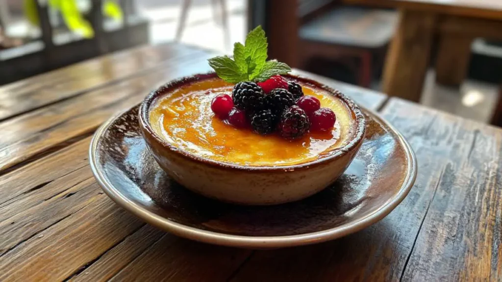 Assorted creme brulee desserts topped with fresh fruits.