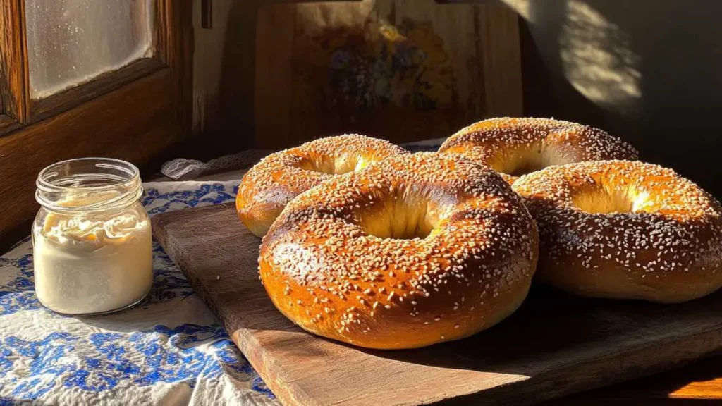 Preparing bagel dough with hands on a floured surface