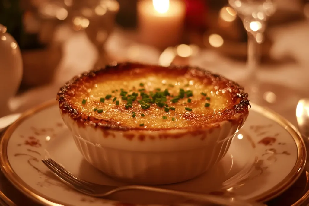 Close-up of a creamy crab brulee with a golden caramelized crust, perfect as an elegant appetizer.