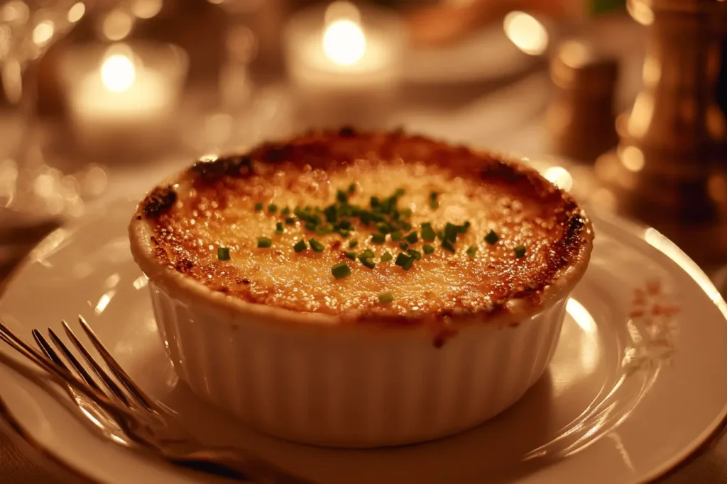 Gourmet crab brûlée served in a ramekin, garnished with fresh herbs and crispy caramelized topping.