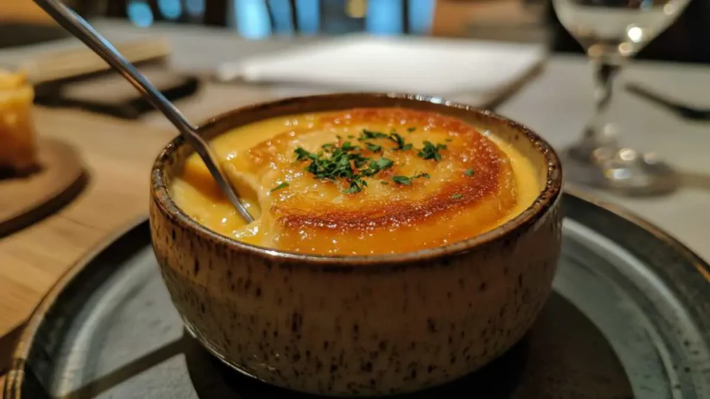 Close-up of creme brulee with a caramelized sugar crust.