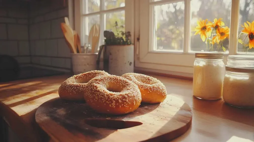 Freshly baked sourdough bagels on a wooden board with a crispy golden crust