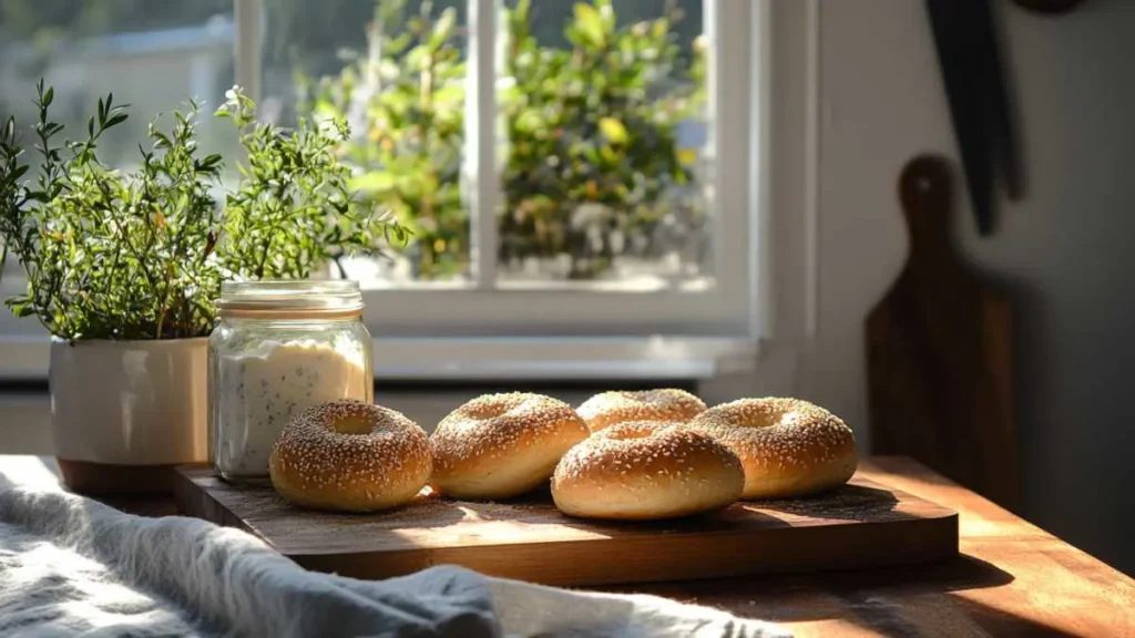 Closeup of golden sourdough bagels with a crispy crust and soft interior