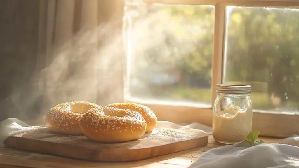 Gourmet breakfast with sourdough bagels, cream cheese, and fresh toppings on a table