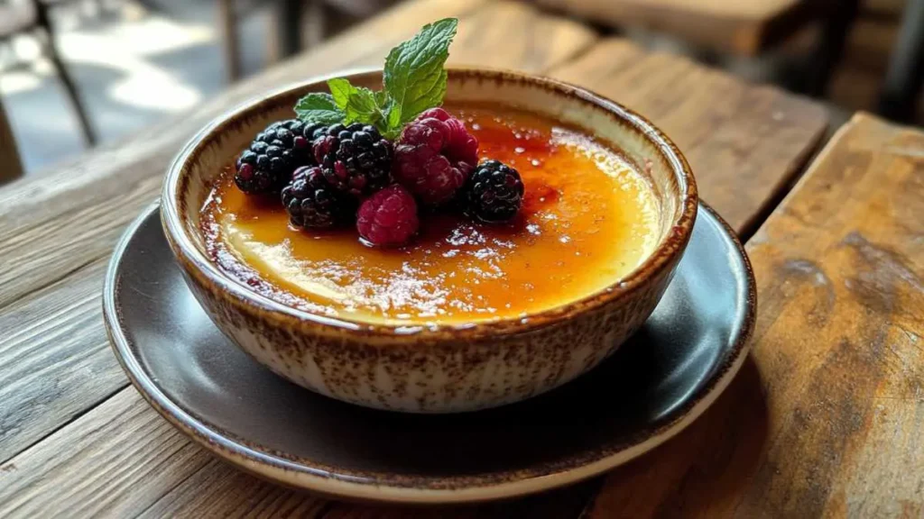 Chef caramelizing creme brulee with a blowtorch.