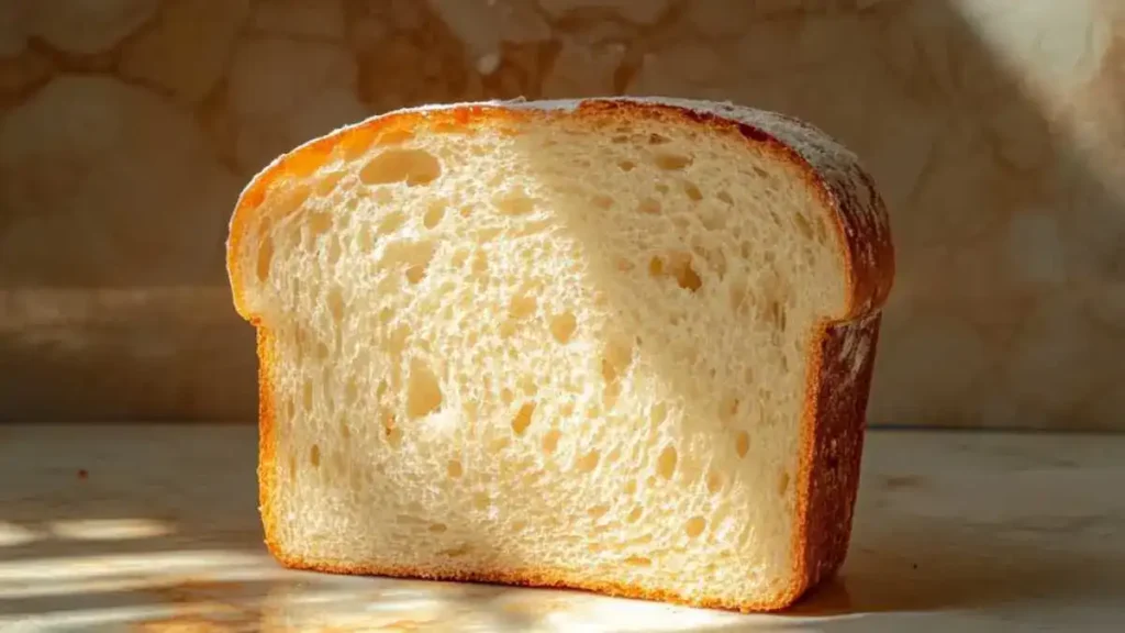 A loaf of bread with several slices cut, displayed on a wooden table