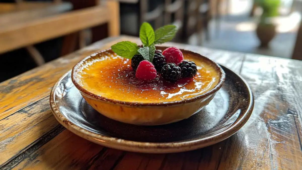 Spoon cracking the sugar crust of a creme brulee dessert