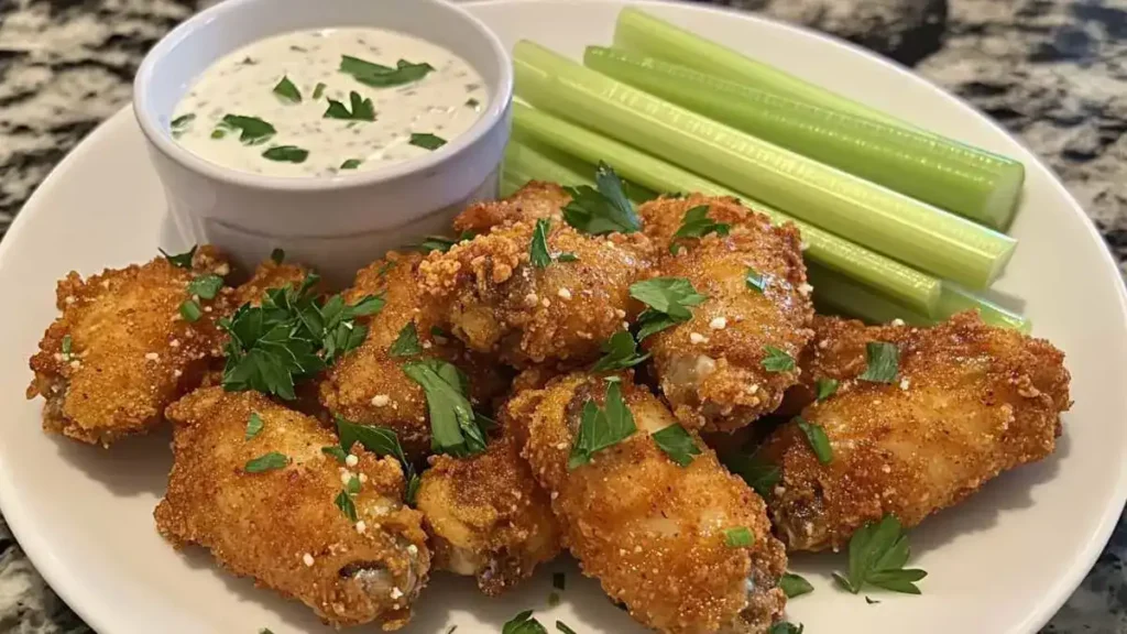 Delicious Buffalo Wild Wings Garlic Parmesan Chicken Wings served with dipping sauce