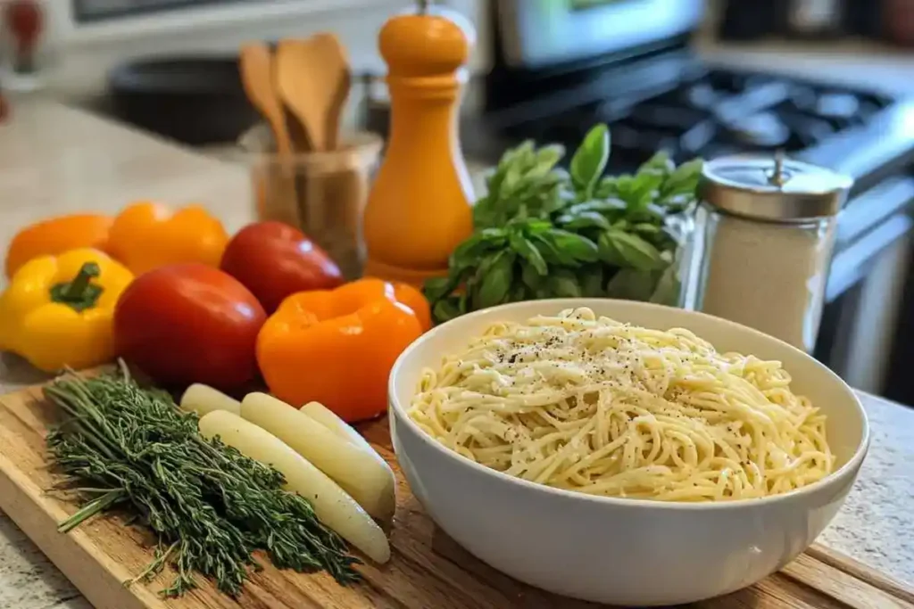 A creamy pasta dish served in a bowl, topped with freshly grated Parmesan cheese and garnished with herbs for a rich and comforting meal.