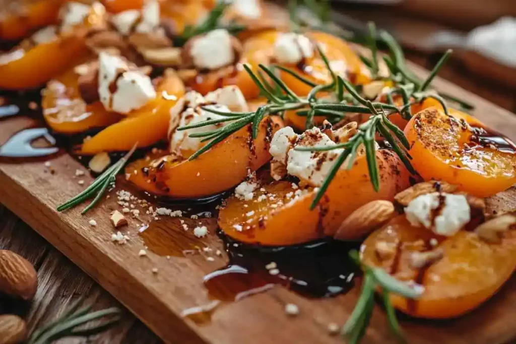 A beautifully arranged selection of apricots, nuts, cheese, honey, and herbs on a marble board, showcasing creative flavor pairing ideas.