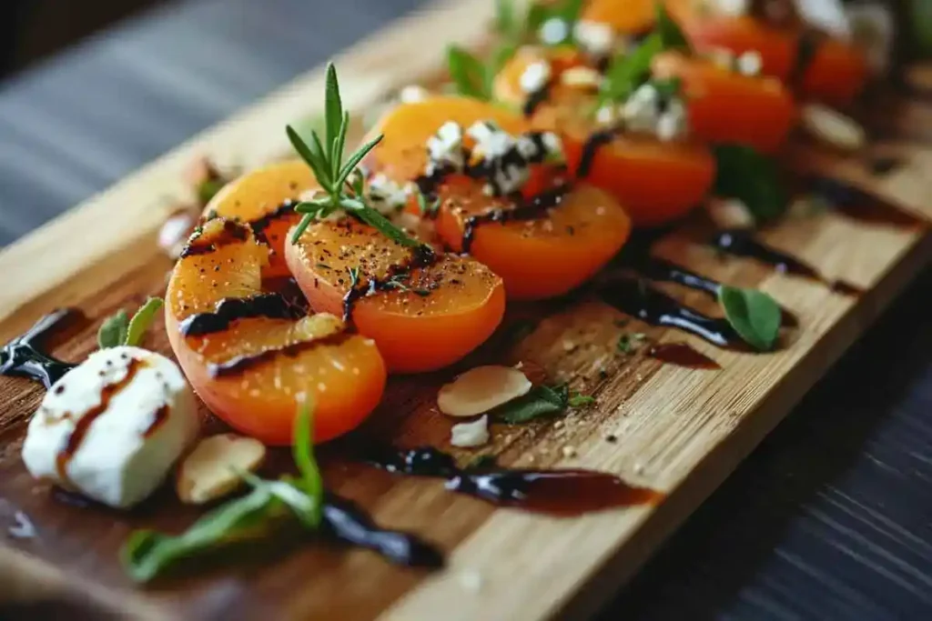 An assortment of fresh apricots, spices, honey, and herbs displayed on a wooden board, showcasing perfect flavor enhancers for apricot recipes.